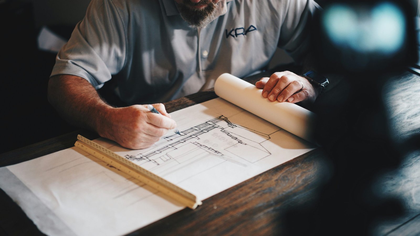 Construction professional reading architectural drawings on site