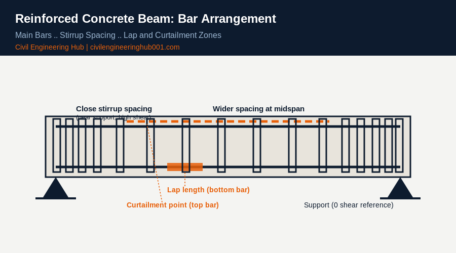 Reinforced concrete beam bar arrangement showing main bars, stirrup spacing, lap and curtailment zones
