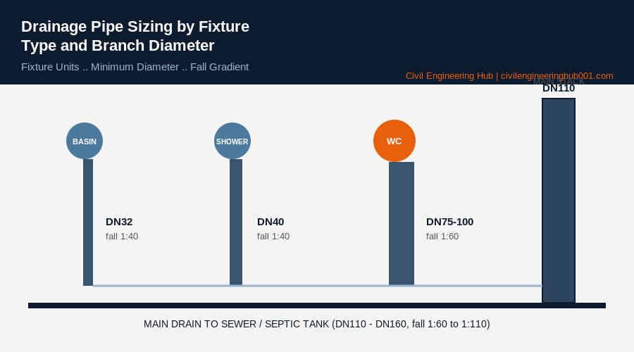 Drainage pipe sizing diagram showing basin, shower, WC branch and main stack diameters