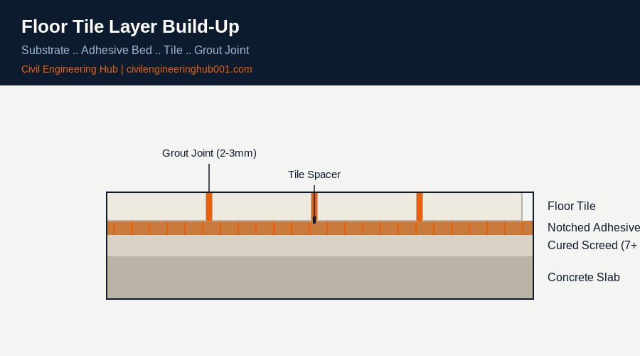 Floor tile layer build-up diagram showing screed, adhesive bed, tile and grout joint