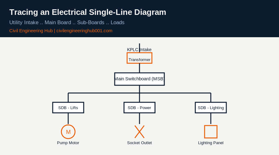 Diagram tracing an electrical single-line diagram from utility intake through main switchboard to sub-boards and loads