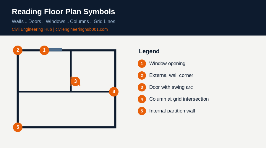 Diagram showing how to read architectural floor plan symbols including walls doors windows and columns