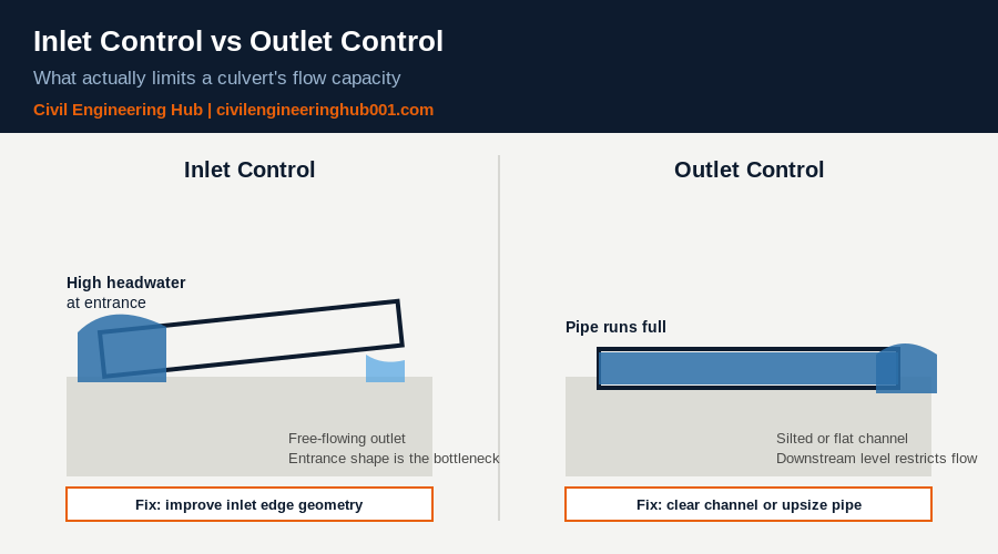 Diagram comparing inlet control and outlet control in culvert hydraulic design