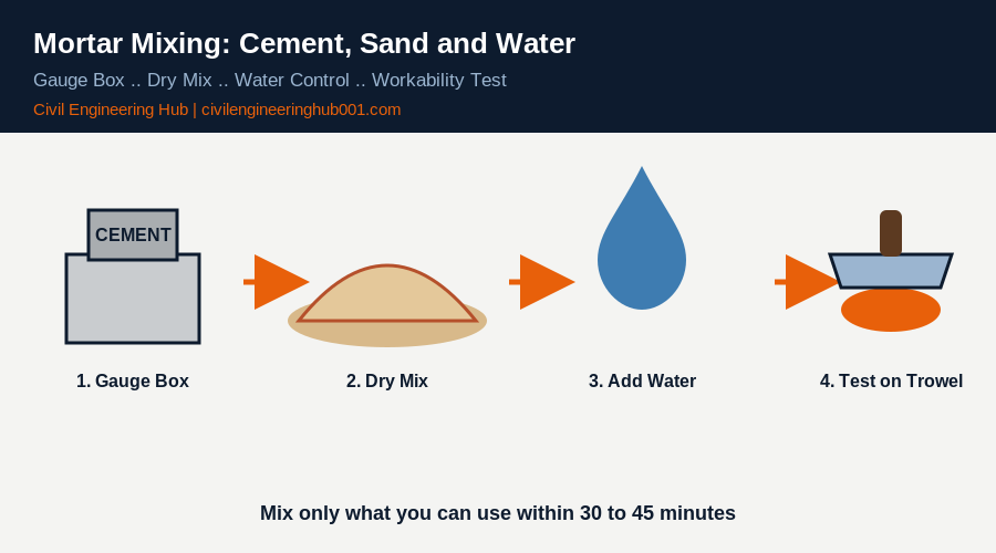 Mortar mixing steps: gauge box, dry mix, adding water, trowel workability test