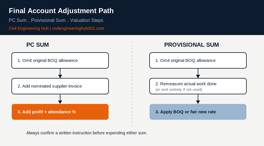 Final account adjustment path for PC sum versus provisional sum in a BOQ