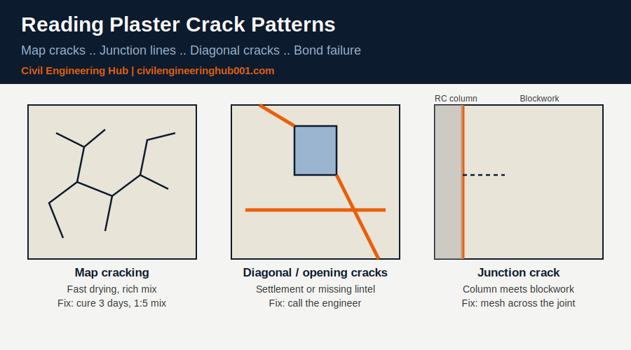 Diagram showing map cracking, diagonal opening cracks and column to blockwork junction cracks in plaster
