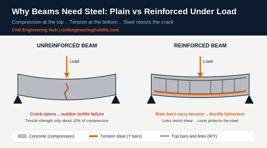 Reinforced vs unreinforced concrete beam under load showing tension crack in plain beam and steel bars resisting tension in reinforced beam
