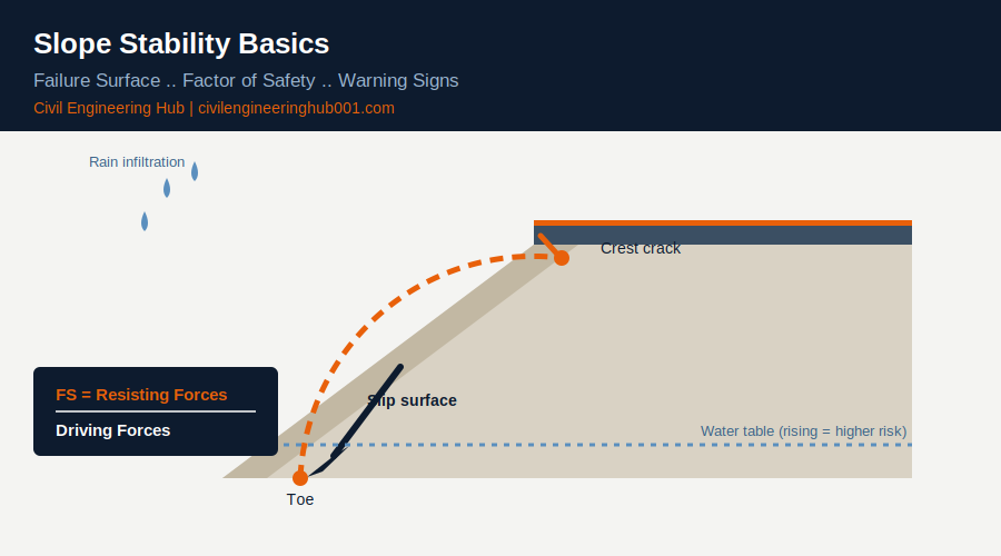 Diagram of an embankment slope showing the slip circle failure surface, crest crack, toe, and factor of safety formula