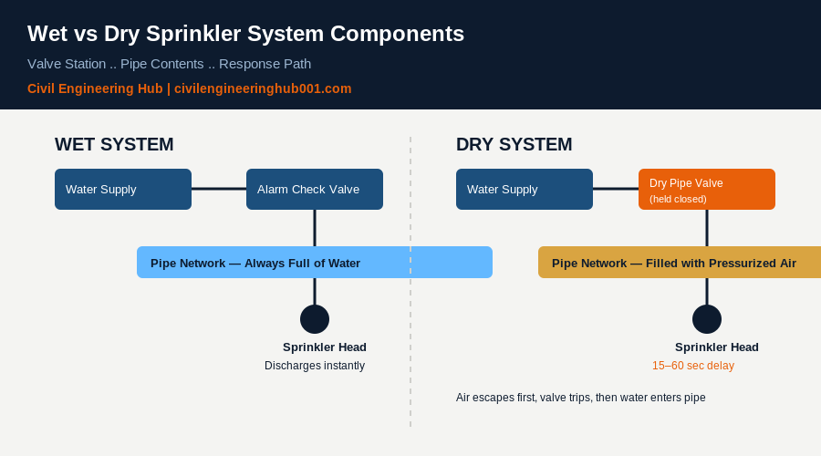 Wet vs dry fire suppression sprinkler system diagram showing valve station and pipe network