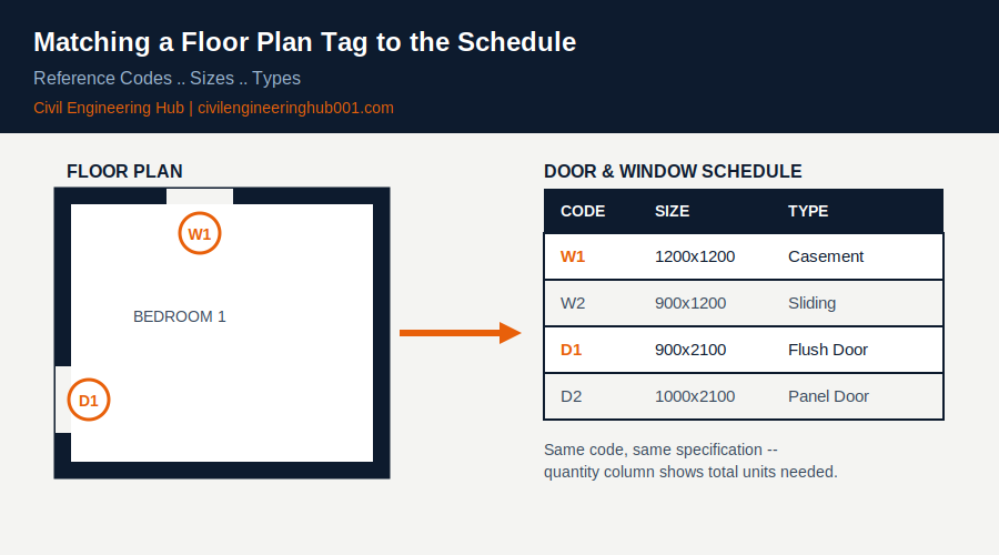Window and door schedule matched to floor plan tags W1 and D1