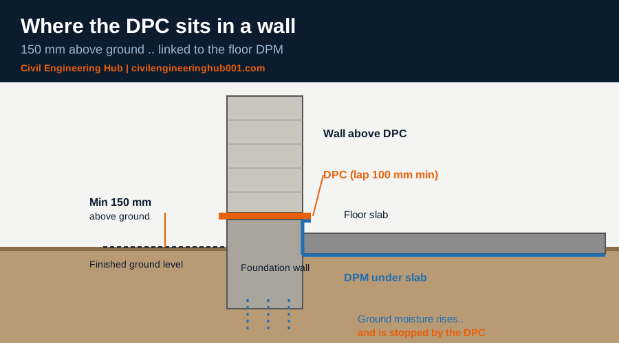 Diagram showing a damp-proof course 150 mm above ground level and lapped with the floor DPM