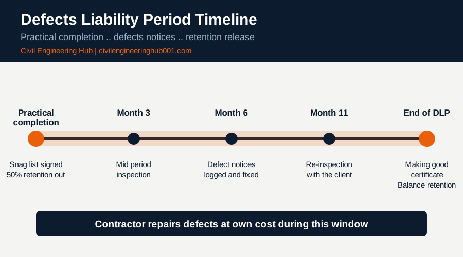 Timeline of the defects liability period from practical completion to retention release