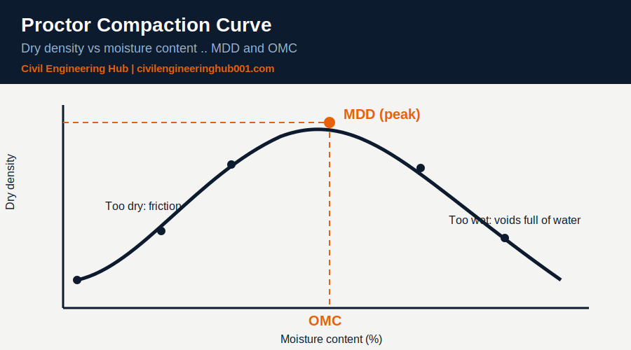 Proctor compaction curve showing maximum dry density and optimum moisture content