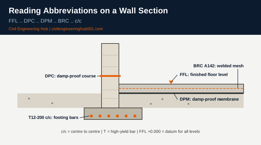 Wall section diagram labelling FFL, DPC, DPM, BRC mesh and footing bar notation