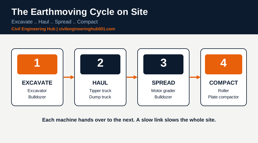 Earthmoving cycle diagram showing excavator, tippers, dozer and roller working in sequence on a construction site
