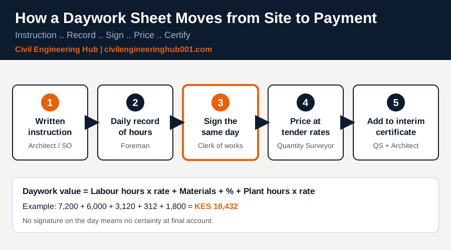 Diagram showing how a daywork sheet moves from written instruction to interim certificate