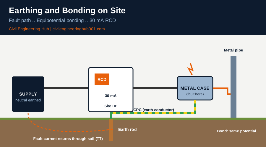 Diagram of earthing and bonding on a construction site showing supply, RCD, earth rod, protective conductor and bonded metal pipe