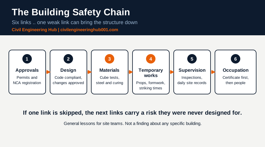 Diagram of the six-link building safety chain: approvals, design, materials, temporary works, supervision and occupation