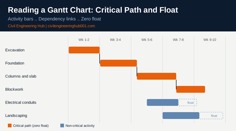 Gantt chart diagram showing critical path activities and float on a construction programme