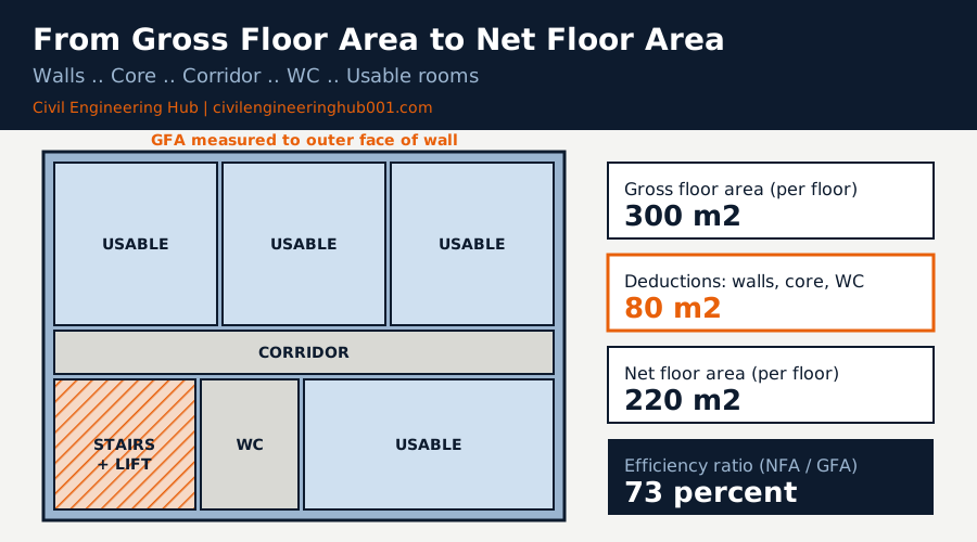 Floor plan showing gross floor area versus net floor area with stairs, lift, corridor and usable rooms