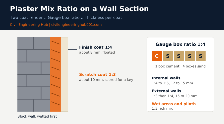 Plaster mix ratio wall section showing 1:3 scratch coat, 1:4 finish coat and gauge box ratio