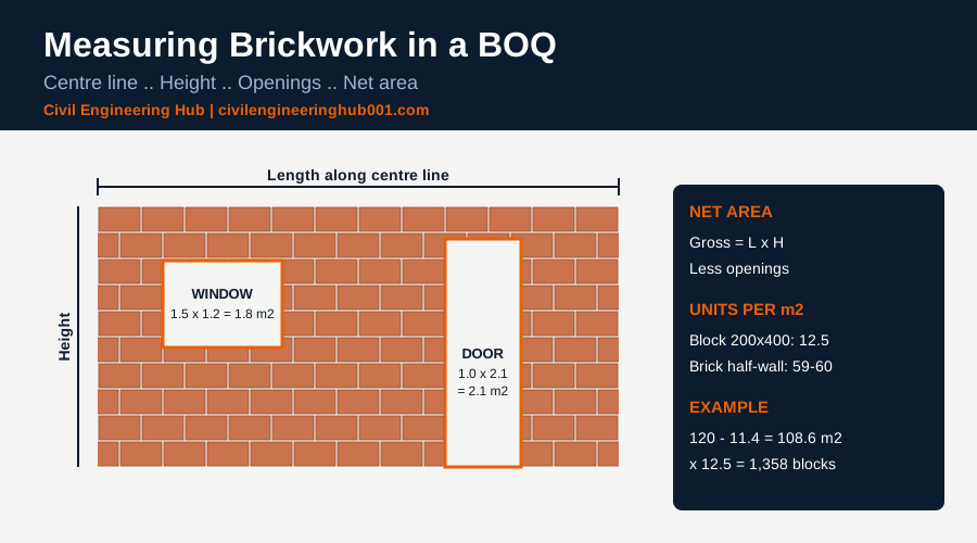 Brick wall elevation showing centre line length, height, window and door deductions and units per square metre for a BOQ