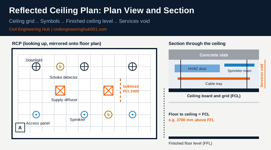 Reflected ceiling plan showing ceiling grid, downlights, diffusers, sprinklers and a section through the services void