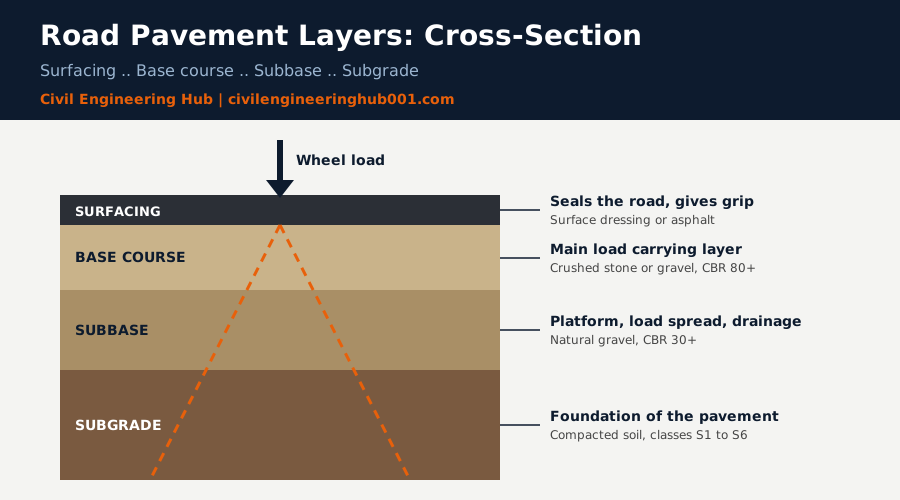 Cross-section diagram of road pavement layers showing surfacing, base course, subbase and subgrade with wheel load spreading downward