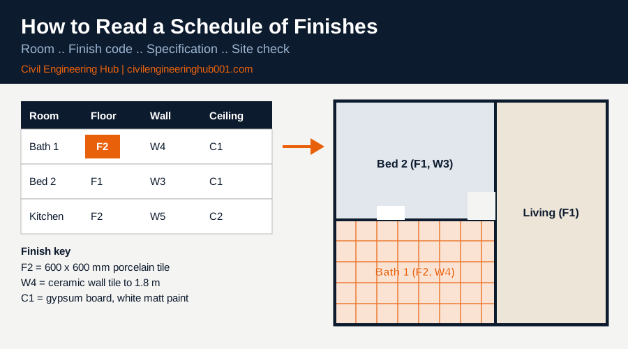 Schedule of finishes table linked to a floor plan with finish codes F1 F2 W3 W4 for each room