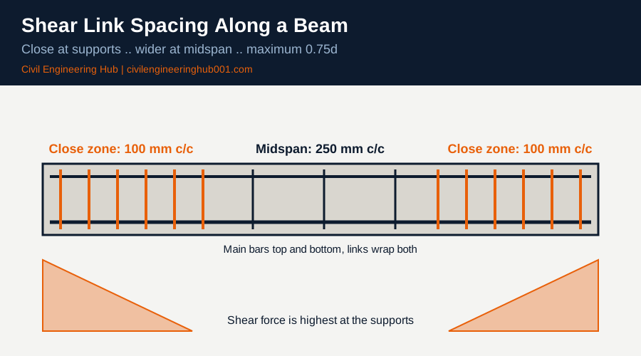 Diagram of shear link spacing along a reinforced concrete beam, close at supports and wider at midspan