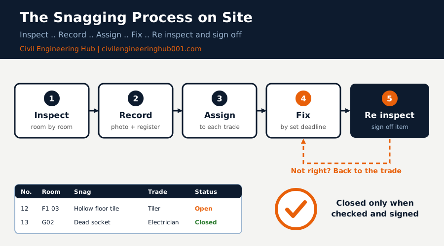 Snagging process flow diagram showing inspect, record, assign, fix and re-inspect steps on a construction site