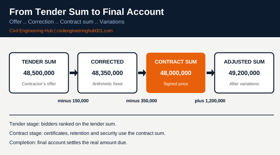 Diagram showing how a tender sum becomes the contract sum and then the adjusted contract sum after variations