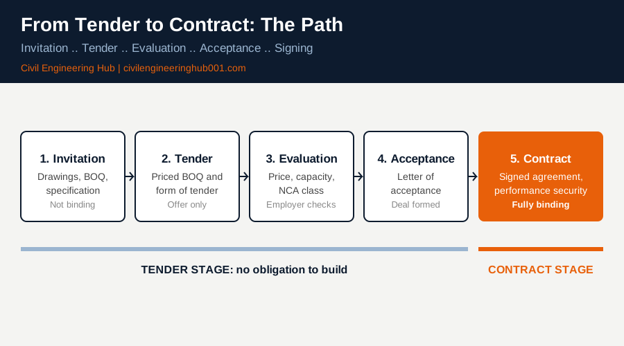 Flow diagram showing the path from tender invitation to signed construction contract