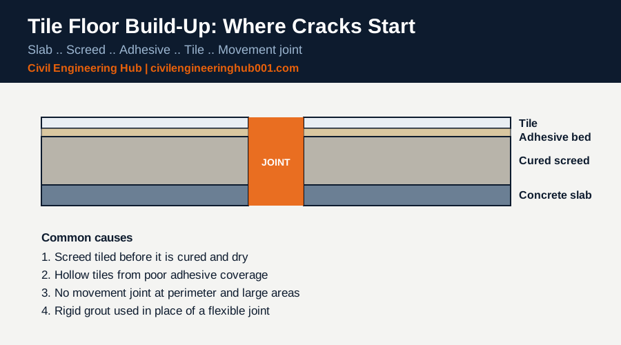 Tile floor build-up showing slab, screed, adhesive, tile and movement joint