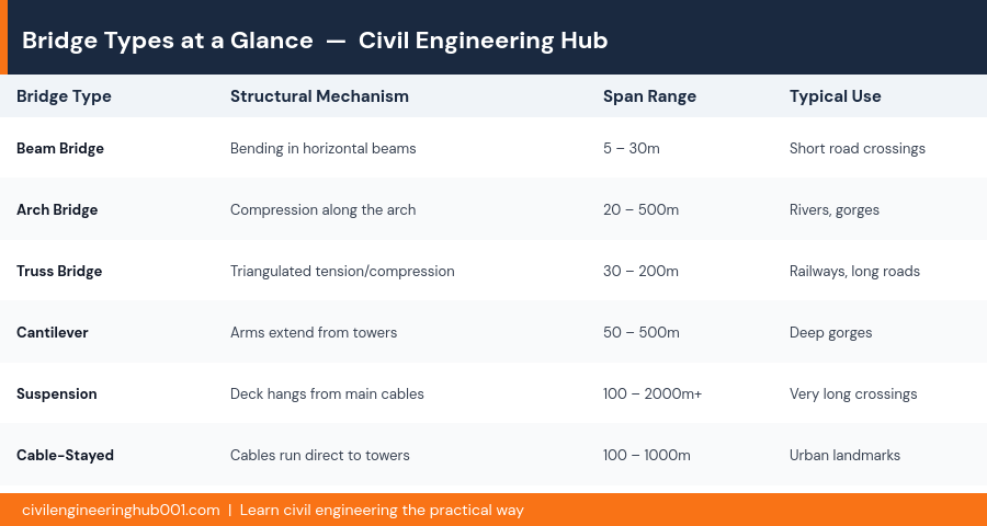 Types of Bridges in Civil Engineering - Quick Reference