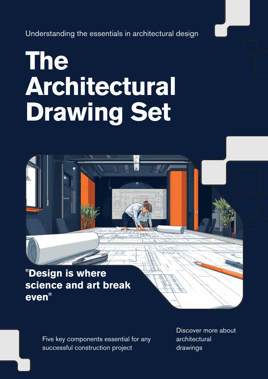 The architectural drawing set: site plan, floor plans, elevations, sections, and detail drawings